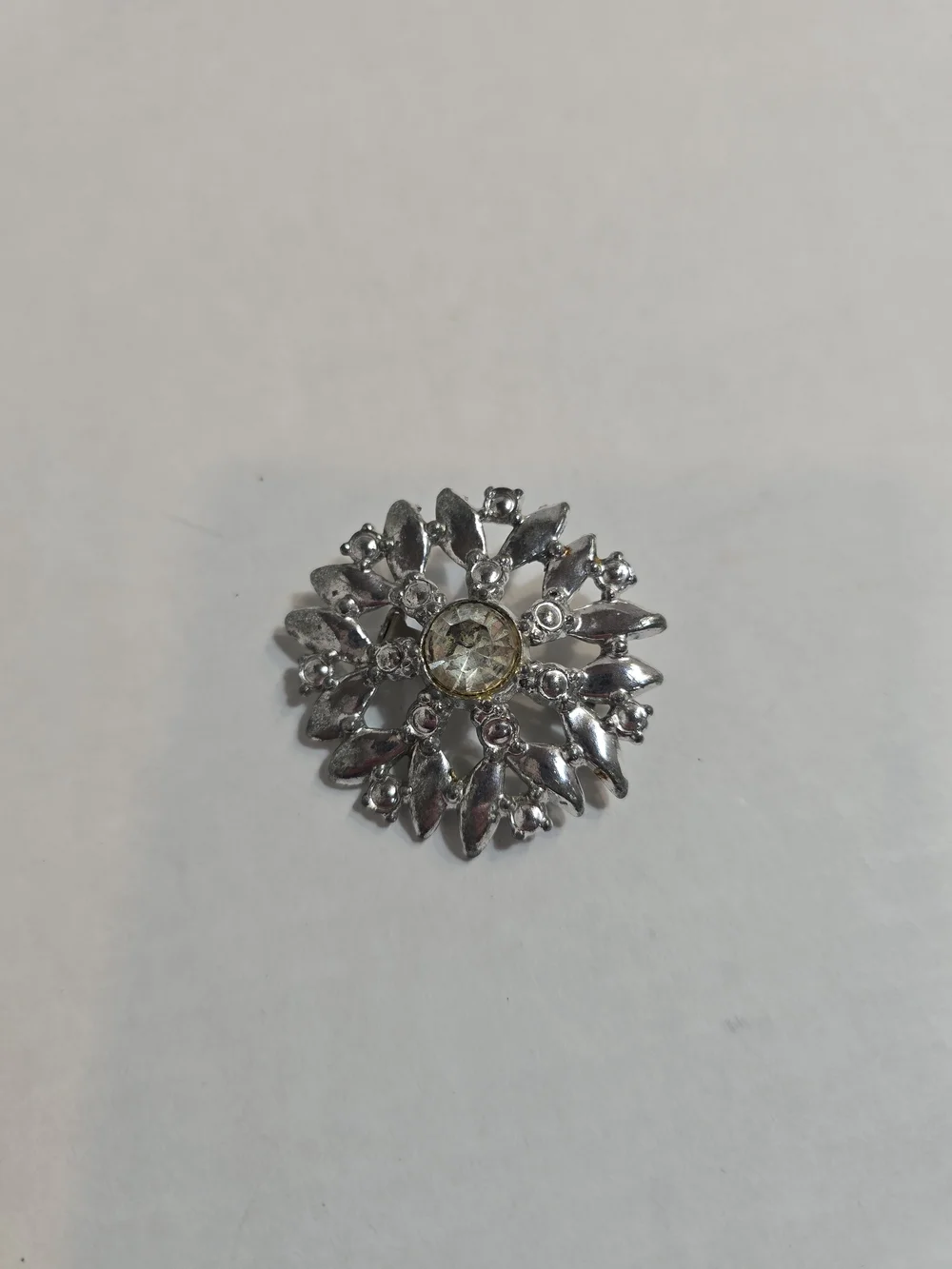 Silver Floral Rhinestone Brooch with Pale Yellow Center